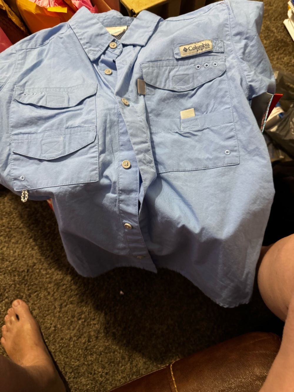 Columbia Light Blue Short Sleeve Fishing Shirt